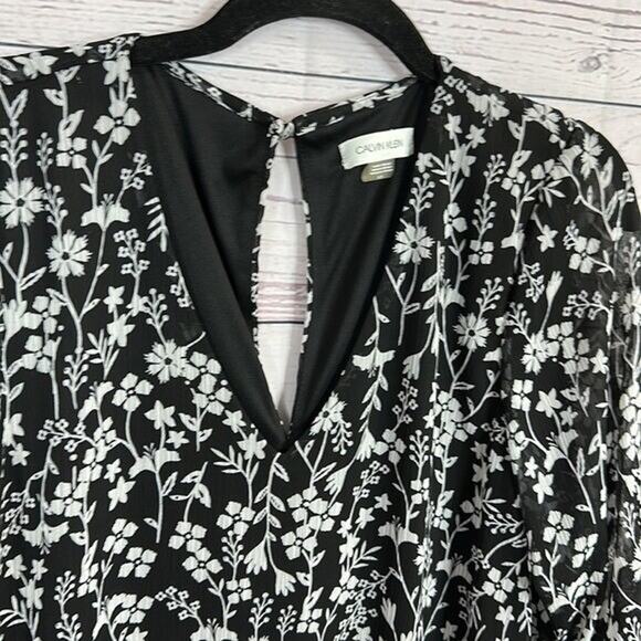 Calvin Klein Dress Womens 10 Black Floral Chiffon Ruffle Cottagecore Boho - Picture 4 of 12